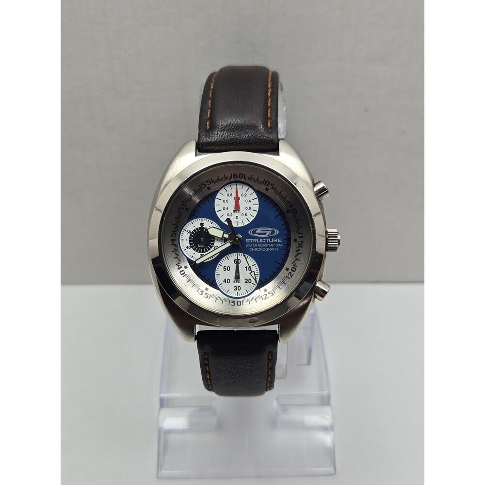 Vintage Structure Chronograph Mens Watch Blue Dial 50M Brown Leather New Battery